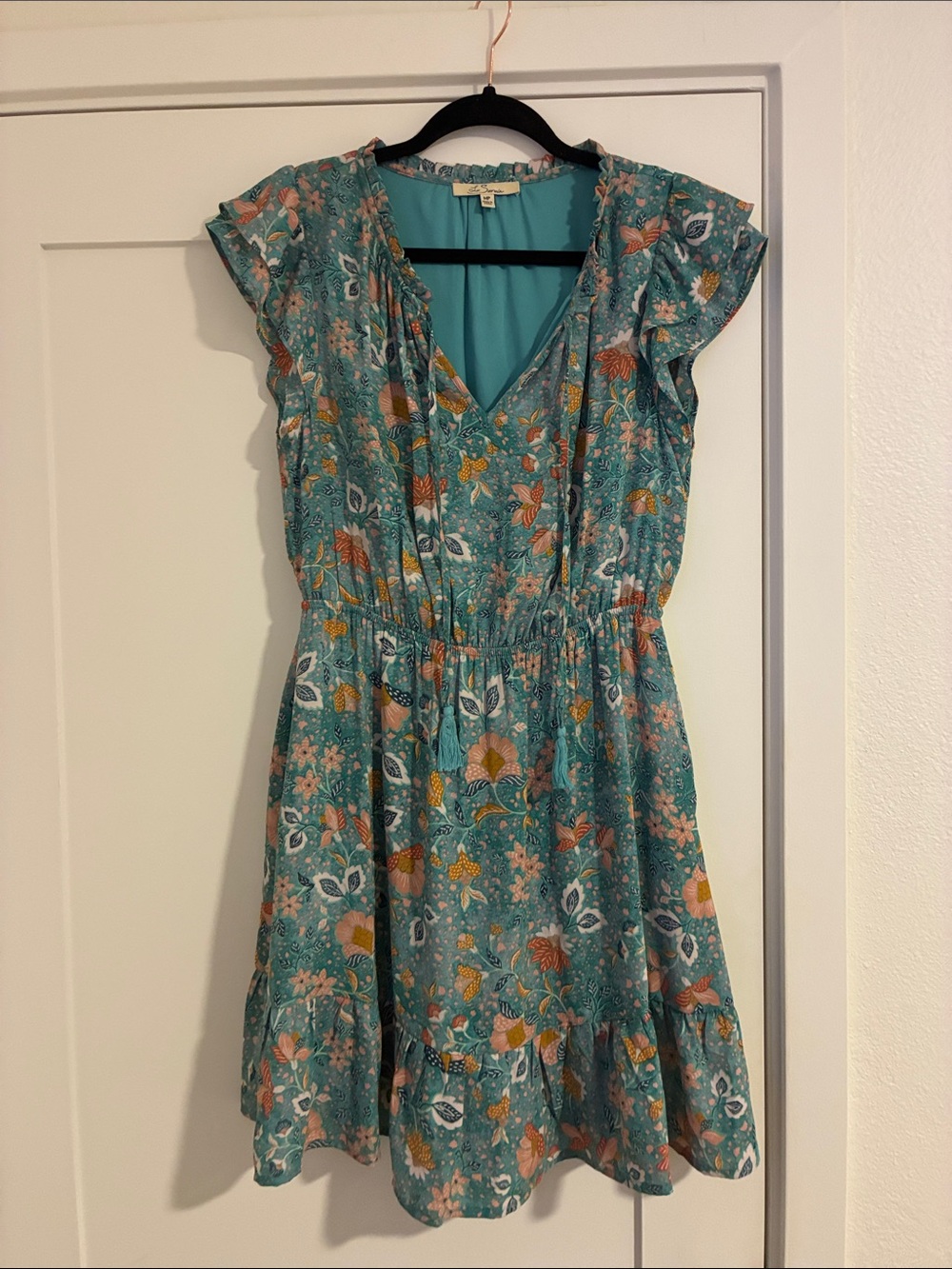 Teal Floral V-Neck Ruffle Sleeve Mini Dress